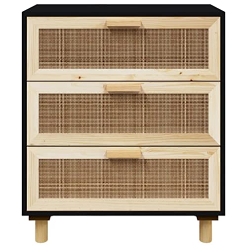 ULUYYUC Sideboard Black 23.6"x11.8"x27.6" Solid Wood Pine and Natural Rattan,Retro Side Cabinet Display Bedside with Storage Function Suitable for Living Room,Dining Room,Entryway,Kitchen