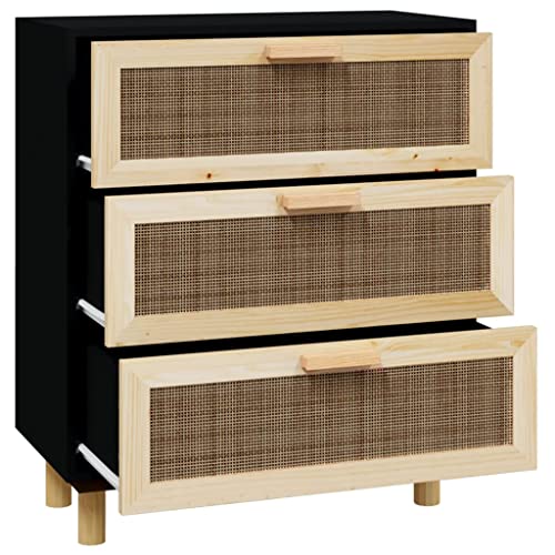 ULUYYUC Sideboard Black 23.6"x11.8"x27.6" Solid Wood Pine and Natural Rattan,Retro Side Cabinet Display Bedside with Storage Function Suitable for Living Room,Dining Room,Entryway,Kitchen