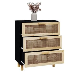 ULUYYUC Sideboard Black 23.6"x11.8"x27.6" Solid Wood Pine and Natural Rattan,Retro Side Cabinet Display Bedside with Storage Function Suitable for Living Room,Dining Room,Entryway,Kitchen