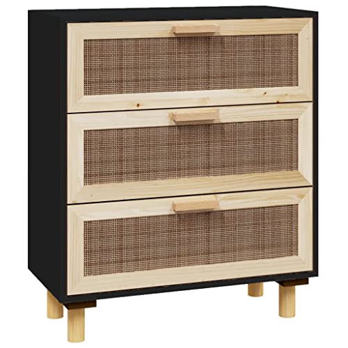 ULUYYUC Sideboard Black 23.6"x11.8"x27.6" Solid Wood Pine and Natural Rattan,Retro Side Cabinet Display Bedside with Storage Function Suitable for Living Room,Dining Room,Entryway,Kitchen