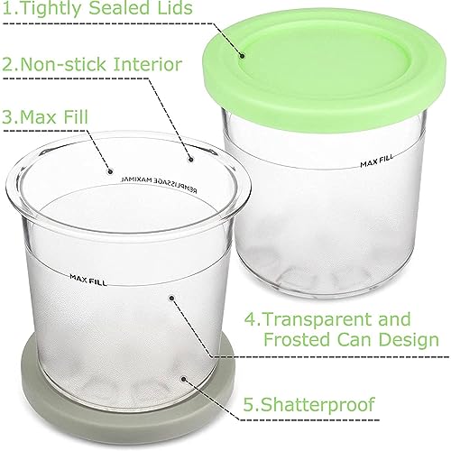 EVANEM 2/4/6PCS Creami Pints, for Creami Ninja Ice Cream Deluxe,16 OZ Ice Cream Container Airtight,Reusable for NC301 NC300 NC299AM Series Ice Cream Maker,Green-4PCS