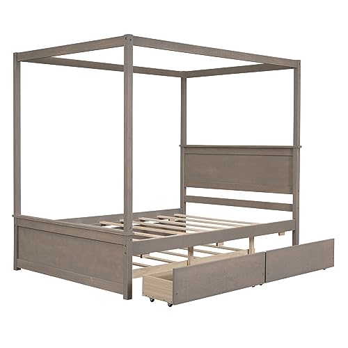 WADRI Modern Full Size Canopy Platform Bed with 2 Drawers and Trundle Bed, Wood Canopy Platform Bed with Support Slat, 4-Post Canopy Platform Bed Frame for Kids Teens Adult, No Box Spring Needed