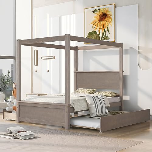 WADRI Modern Full Size Canopy Platform Bed with 2 Drawers and Trundle Bed, Wood Canopy Platform Bed with Support Slat, 4-Post Canopy Platform Bed Frame for Kids Teens Adult, No Box Spring Needed