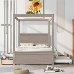 WADRI Modern Full Size Canopy Platform Bed with 2 Drawers and Trundle Bed, Wood Canopy Platform Bed with Support Slat, 4-Post Canopy Platform Bed Frame for Kids Teens Adult, No Box Spring Needed