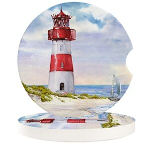 Car Drinks Coasters for Cup Holders Set of 2 Pack Lighthouse Beach Sky White Cloud Island Absorbent Ceramic Stone for Auto Coasters, Car Accessories Easy Removal from Auto Cupholder