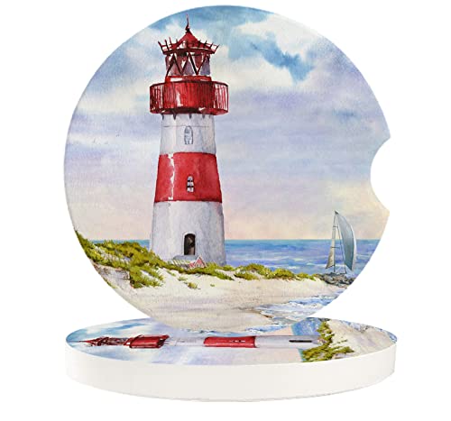 Car Drinks Coasters for Cup Holders Set of 2 Pack Lighthouse Beach Sky White Cloud Island Absorbent Ceramic Stone for Auto Coasters, Car Accessories Easy Removal from Auto Cupholder