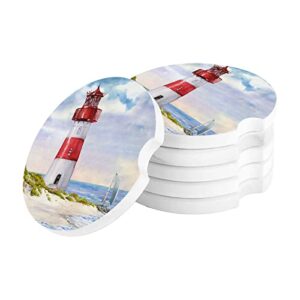 Car Drinks Coasters for Cup Holders Set of 2 Pack Lighthouse Beach Sky White Cloud Island Absorbent Ceramic Stone for Auto Coasters, Car Accessories Easy Removal from Auto Cupholder