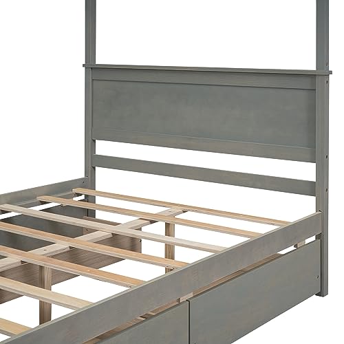 WADRI Modern Full Size Canopy Platform Bed with 4 Drawers, Wood Canopy Platform Bed with Support Slat, 4-Post Canopy Platform Bed Frame for Kids Teens Adult, No Box Spring Needed (Brushed Gray-3)