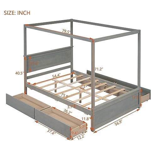 WADRI Modern Full Size Canopy Platform Bed with 4 Drawers, Wood Canopy Platform Bed with Support Slat, 4-Post Canopy Platform Bed Frame for Kids Teens Adult, No Box Spring Needed (Brushed Gray-3)