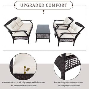 4 Piece Patio Furniture Set Outdoor Wicker Sectional Sofa Conversation Sets, with Modern Glass Coffee Table Desktop and Storage Shelf, Beige All Weather Patio Rattan Chair Sofa Set (D)