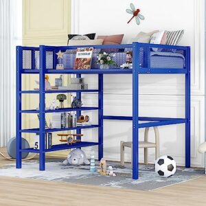 twin size loft bed, metal high loft bed frame with 4-tier open shelves, guardrail side storage shelf and mesh guardrails, versatility bed for kids adults, bedroom furniture storage bed (blue bed)