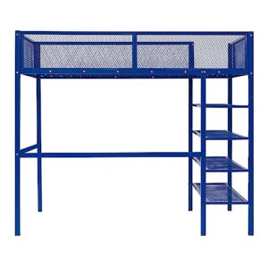 Twin Size Loft Bed, Metal High Loft Bed Frame with 4-Tier Open Shelves, Guardrail Side Storage Shelf and Mesh Guardrails, Versatility Bed for Kids Adults, Bedroom Furniture Storage Bed (Blue Bed)