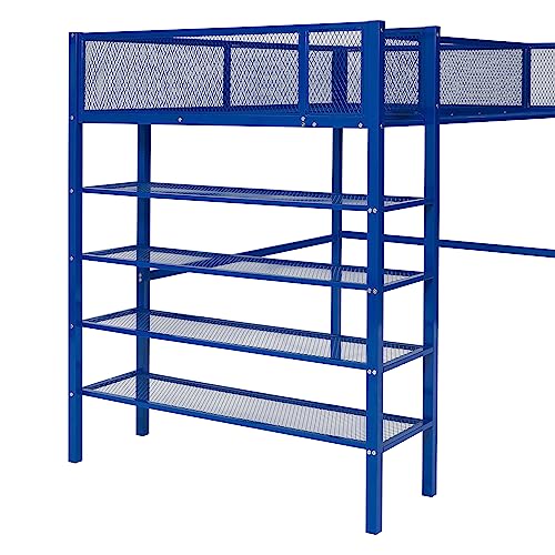 Twin Size Loft Bed, Metal High Loft Bed Frame with 4-Tier Open Shelves, Guardrail Side Storage Shelf and Mesh Guardrails, Versatility Bed for Kids Adults, Bedroom Furniture Storage Bed (Blue Bed)