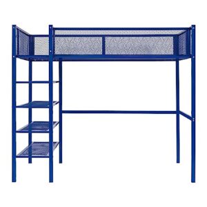 Twin Size Loft Bed, Metal High Loft Bed Frame with 4-Tier Open Shelves, Guardrail Side Storage Shelf and Mesh Guardrails, Versatility Bed for Kids Adults, Bedroom Furniture Storage Bed (Blue Bed)