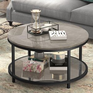 wiberwi round coffee table 33.5" coffee tables for living room high glossy faux marble top modern circle table sturdy black metal frame legs cocktail table with storage open shelf