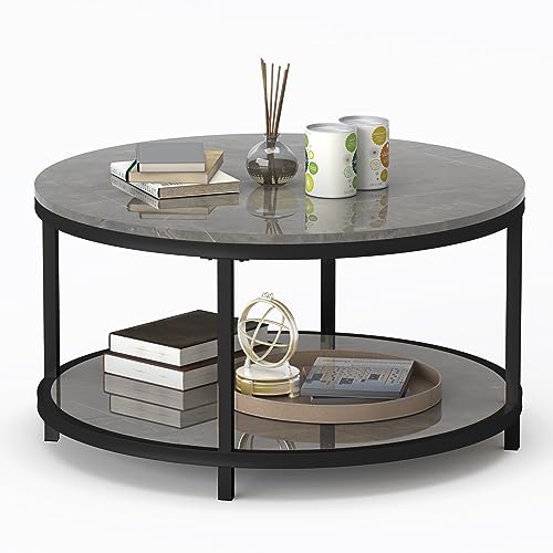 WiberWi Round Coffee Table 33.5" Coffee Tables for Living Room High Glossy Faux Marble Top Modern Circle Table Sturdy Black Metal Frame Legs Cocktail Table with Storage Open Shelf