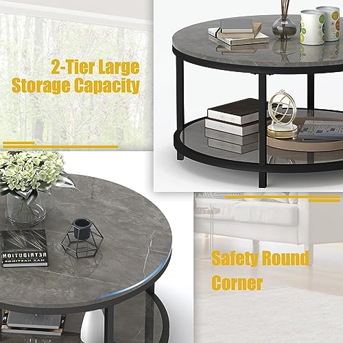 WiberWi Round Coffee Table 33.5" Coffee Tables for Living Room High Glossy Faux Marble Top Modern Circle Table Sturdy Black Metal Frame Legs Cocktail Table with Storage Open Shelf