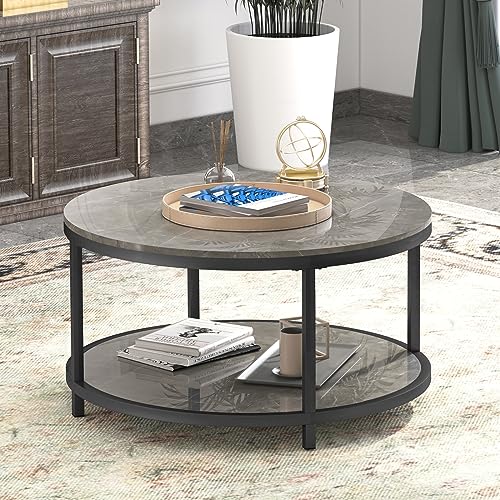 WiberWi Round Coffee Table 33.5" Coffee Tables for Living Room High Glossy Faux Marble Top Modern Circle Table Sturdy Black Metal Frame Legs Cocktail Table with Storage Open Shelf