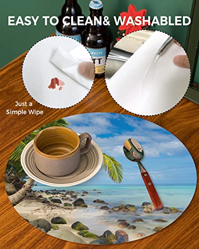 Placemats Set of 5,Palm Tree Beach Sea Cloud Blue Sky Island Reef Stone Indoor Outdoor PVC Weave Place Mats Wipeable Dining Table Placemats Heat Insulation Table Mats