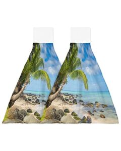mueninele hand towel,palm tree beach sea cloud blue sky island reef stone absorbent hanging towel fast drying towels for kitchen bathroom toilet home 18"x14" 2pcs