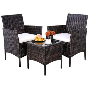3pcs patio furniture bistro set pe rattan wicker chairs with coffee table set, brown
