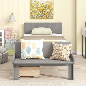 novaris twin size pine platform bed frame with 2 drawers, modern classic platform bed with headboard/storage footboard bench/wood slats/easy assemble for bedroom girls boys (twin, gray)