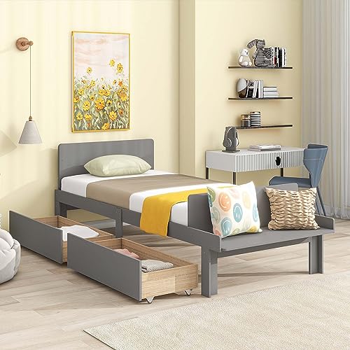 Novaris Twin Size Pine Platform Bed Frame with 2 Drawers, Modern Classic Platform Bed with Headboard/Storage Footboard Bench/Wood Slats/Easy Assemble for Bedroom Girls Boys (Twin, Gray)