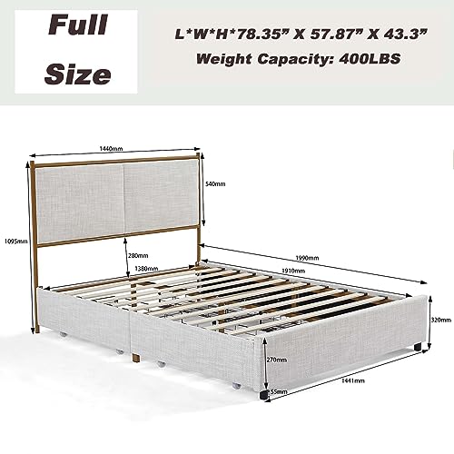 DUNTRKDU Full Size Platform Bed Frame with Metal Frame & Solid Wood Slats Support, Platform Bed Frame with 4 Storage Drawers, Sponge Soft Bag for Bedroom Small Living Room Boys Girls Room (Full)