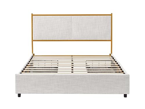 DUNTRKDU Full Size Platform Bed Frame with Metal Frame & Solid Wood Slats Support, Platform Bed Frame with 4 Storage Drawers, Sponge Soft Bag for Bedroom Small Living Room Boys Girls Room (Full)