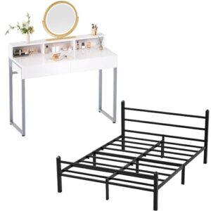 greenforest 39.4 inch vanity desk with 2 drawers and 3 storage spaces and queen size bed frame with headboard easy assemble metal platform bed base with heavy duty support mattress foundation