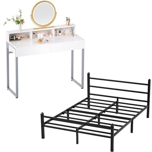 GreenForest 39.4 inch Vanity Desk with 2 Drawers and 3 Storage Spaces and Queen Size Bed Frame with Headboard Easy Assemble Metal Platform Bed Base with Heavy Duty Support Mattress Foundation