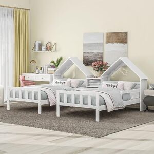 softsea twin and twin bed frame with house-shaped headboard and built-in nightstand 2 beds in one for juniors kids