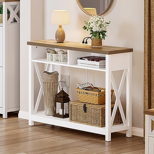 YITAHOME Farmhouse Console Table for Entryway with Charging Station, 40 inch Entryway Tables with Storage Shelf Narrow Sofa Table for Entryway, Living Room, Hallway, Grey Wash