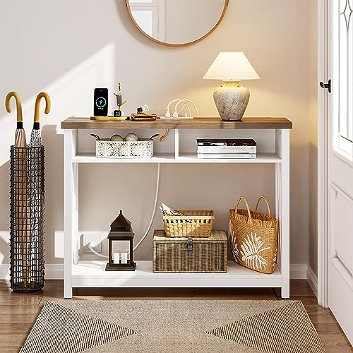 YITAHOME Farmhouse Console Table for Entryway with Charging Station, 40 inch Entryway Tables with Storage Shelf Narrow Sofa Table for Entryway, Living Room, Hallway, Grey Wash