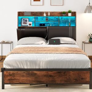 alohappy queen bed frame with storage headboard, led upholstered platform bed frame with charging station, 51” high headboard type-c & usb ports, heavy duty no box spring needed (queen)