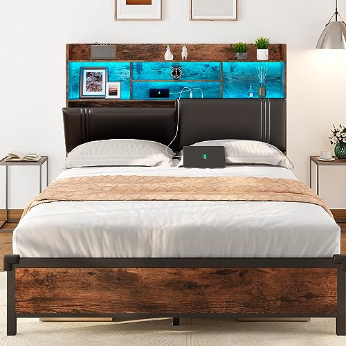 Alohappy Queen Bed Frame with Storage Headboard, LED Upholstered Platform Bed Frame with Charging Station, 51” High Headboard Type-C & USB Ports, Heavy Duty No Box Spring Needed (Queen)