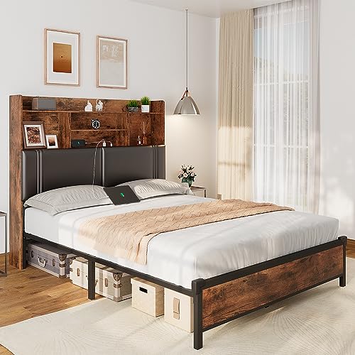 Alohappy Queen Bed Frame with Storage Headboard, LED Upholstered Platform Bed Frame with Charging Station, 51” High Headboard Type-C & USB Ports, Heavy Duty No Box Spring Needed (Queen)