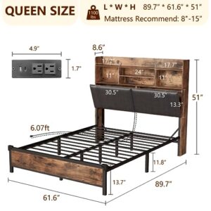 Alohappy Queen Bed Frame with Storage Headboard, LED Upholstered Platform Bed Frame with Charging Station, 51” High Headboard Type-C & USB Ports, Heavy Duty No Box Spring Needed (Queen)
