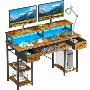 uliyati 47 inch computer desk with led lights & power outlets, home office desks with keyboard tray & drawers, pc gaming desk with monitor shelf & storage shelves, for home office studio -rustic brown