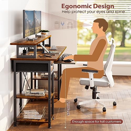 Uliyati 47 Inch Computer Desk with LED Lights & Power Outlets, Home Office Desks with Keyboard Tray & Drawers, PC Gaming Desk with Monitor Shelf & Storage Shelves, for Home Office Studio -Rustic Brown