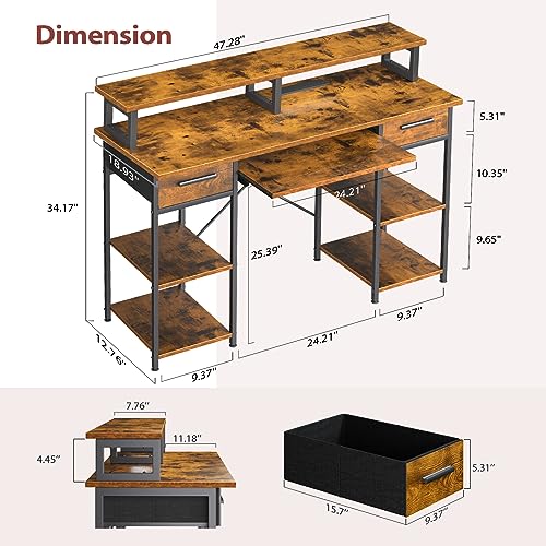 Uliyati 47 Inch Computer Desk with LED Lights & Power Outlets, Home Office Desks with Keyboard Tray & Drawers, PC Gaming Desk with Monitor Shelf & Storage Shelves, for Home Office Studio -Rustic Brown