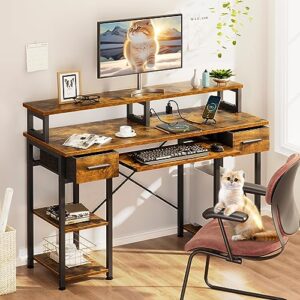 Uliyati 47 Inch Computer Desk with LED Lights & Power Outlets, Home Office Desks with Keyboard Tray & Drawers, PC Gaming Desk with Monitor Shelf & Storage Shelves, for Home Office Studio -Rustic Brown