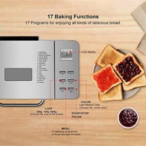 Automatic Bread Machine, Family Bread Maker Professional Non-Stick Breadmaker with Automatic Fruit Nuts Dispenser, 17 Progammes, 15 Hours Timing, 500g /750g/ 1000g Weight Settings