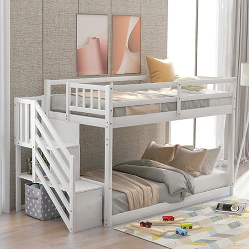 CNFZLIYUER Twin Over Twin Floor Bunk Bed with Stairs and Storage Shelves, Wood Kids Bunk Bed with Full-Length Guard Rail, Stairway Low Bunk Beds Twin Over Twin for Bedroom Dorm (White)