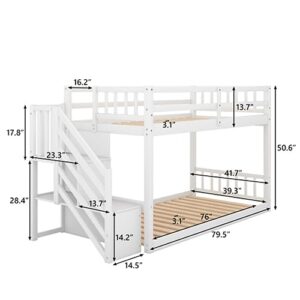 CNFZLIYUER Twin Over Twin Floor Bunk Bed with Stairs and Storage Shelves, Wood Kids Bunk Bed with Full-Length Guard Rail, Stairway Low Bunk Beds Twin Over Twin for Bedroom Dorm (White)