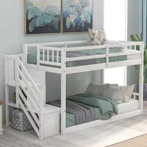 CNFZLIYUER Twin Over Twin Floor Bunk Bed with Stairs and Storage Shelves, Wood Kids Bunk Bed with Full-Length Guard Rail, Stairway Low Bunk Beds Twin Over Twin for Bedroom Dorm (White)