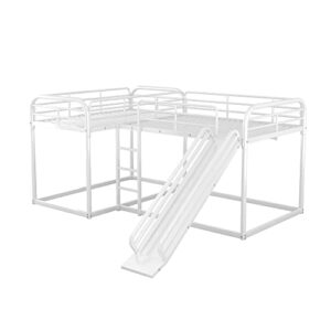 L-Shaped Bunk Bed for 4 Kids, Full and Twin Bunk Bed Frame with Slide, Short Ladder and Full-Length Guardrail, 4 in 1 Home Furniture Bedframe,Space Saving Design & No Box Spring Needed (White)