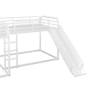 L-Shaped Bunk Bed for 4 Kids, Full and Twin Bunk Bed Frame with Slide, Short Ladder and Full-Length Guardrail, 4 in 1 Home Furniture Bedframe,Space Saving Design & No Box Spring Needed (White)