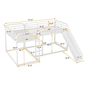 L-Shaped Bunk Bed for 4 Kids, Full and Twin Bunk Bed Frame with Slide, Short Ladder and Full-Length Guardrail, 4 in 1 Home Furniture Bedframe,Space Saving Design & No Box Spring Needed (White)