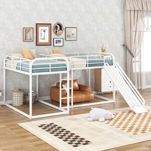 L-Shaped Bunk Bed for 4 Kids, Full and Twin Bunk Bed Frame with Slide, Short Ladder and Full-Length Guardrail, 4 in 1 Home Furniture Bedframe,Space Saving Design & No Box Spring Needed (White)